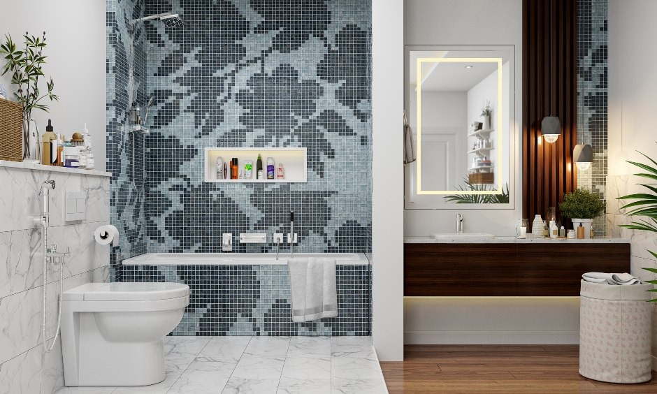 Bathroom Designed With Floral Mosaic Tiles